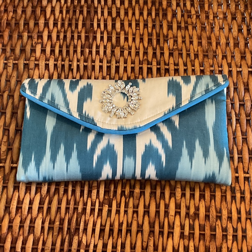 Blue Ikat Envelope Clutch with Crystal Wreath Accent